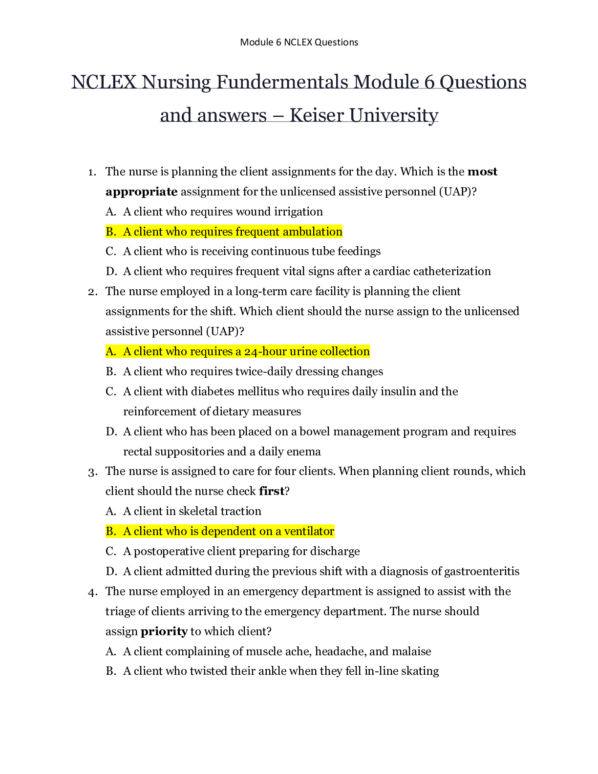 Preview image for NCLEX Nursing Fundermentals Module 6 Questions and answers – Keiser University | NCLEX Nursing Fundermentals Module 6 Questions and answers